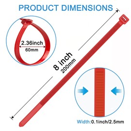 Aroono Zip Ties Heavy Duty 8 Inch - 0.1 Inch Width, 18LB Strength, Nylon Material, UV Resistant, High/Low Temperature Resistant - Durable, Odorless, Red, 50 PCS