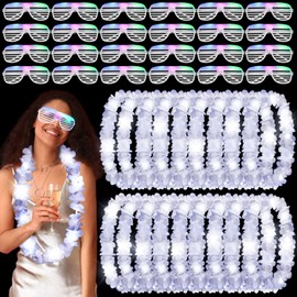 Yuefunny 48 Pcs LED Glasses Light up Hawaiian Leis Necklace Lighten Glasses White Fresh Flower Leis Rave Glasses for Glow in the Dark Party Favor Wedding Luau Beach Carnival Graduation Masquerade