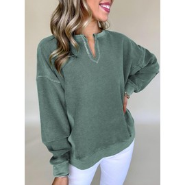 Acelitt Womens Casual 2025 Winter Trendy Fashion Loose V Neck Long Sleeve Comfy Sweatshirt Pullover Shirts Tops with Pockets Green XL