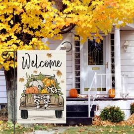 Louise Maelys Welcome Fall Garden Flag 12x18 Double Sided, Small Burlap Autumn Harvest Truck Pumpkin Garden Flag Fall Thanksgiving Outside Outdoor House Yard Decor (Only Flag)
