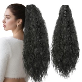 Qwrqwr Claw Clip Ponytail Extension for Women 50 cm Long Curly Wavy Synthetic Hairpiece (Black)