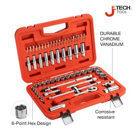 Jetech 61PCS 3/8-Inch Drive Socket Set, Includes Standard & Deep Sockets(deep 8-19mm)(5.5-24 standard),6 Point, Cr-V, 3/8-Inch Drive Ratchet Handle, Drive Extension Bar, Impact Universal Joint