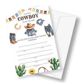 Kqfdr Cow Boy Baby Shower Invitations with Envelopes, 25 Sets, Wild West Western Baby Shower Invites for Party Supplies, 4"x6" A10