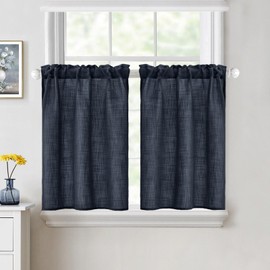 MIULEE Cafe Curtains 36 Inch Length Half Window Curtain Semi Sheer Farmhouse Short Linen Drapes for Kitchen Bathroom Basement Small Window, Rod Pocket Tier Curtains 2 Panels W26XL36, Navy Blue