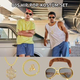 Men's 70s 80s 90s Costume 6 Pieces Costume, Golden Rapper Hip Hop Costume with Gold Ring Chains Sunglasses Men for Cosplay Carnival Fancy Dress Theme Party, Golden