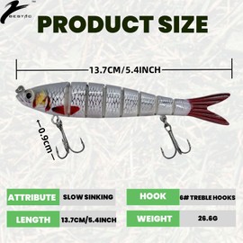 Bestac Topwater Fishing Lures Set for Freshwater and Saltwater,Lifelike Multi Jointed Swimbaits, Slow Sinking Bass Fishing Lure Designed for Professional Anglers (#11)