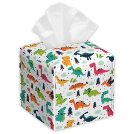 Funny Dinosaurs Tissue Box Cover Square,Cartoon Clouds Trees Tissue Box Holder with Belt Bottom,Stylish Leather Napkin Holder for Vanity Countertop,Nightstands,Office Desk,5.2"×5.2"×5.2"