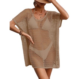 BreathSunny Womens Crochet Knit Oversized Loose Fit Swimsuit Coverup Summer 2025 Cap Sleeve Hollow Out Scoop Neck Sheer Mesh Swimwear Coverups Beach Swim Bathing Suit Cover Up Mini Dress Khaki M