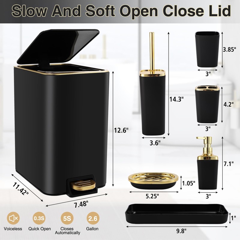 XLHOMO Black Bathroom Accessories 8 Piece Black and Gold Bathroom