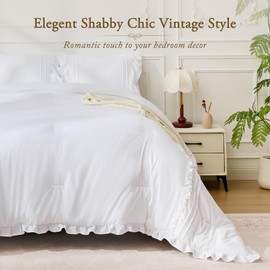 BDEUS White Ruffle Comforter Set Full Size, 3 Pieces Lightweight Fluffy All Season Bedding, Farmhouse Shabby Chic Boho Bed Sets with Cute Pom Pom Design，1 Comforter & 2 Pillowcases, 82"X86"