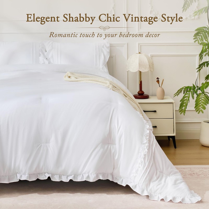 BDEUS White Ruffle Comforter Set Full Size, 3 Pieces Lightweight