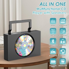 Gueray Portable CD Player with Speakers CD Players for Home with Bluetooth Display Rechargeable Battery Remote Control Support Repeat Playback FM Radio USB Type-C MP3 Music Player