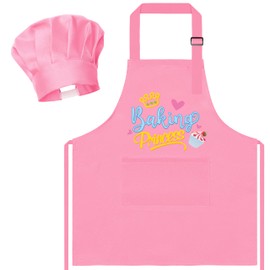 R HORSE Kid Apron and Chef Hat Set - 2Pcs Pink Baking Princess Adjustable Children Kitchen Toddler Apron for Girls, Funny Dress up Role Play Chef Toy Birthday Gift for Kids Cooking Baking Painting