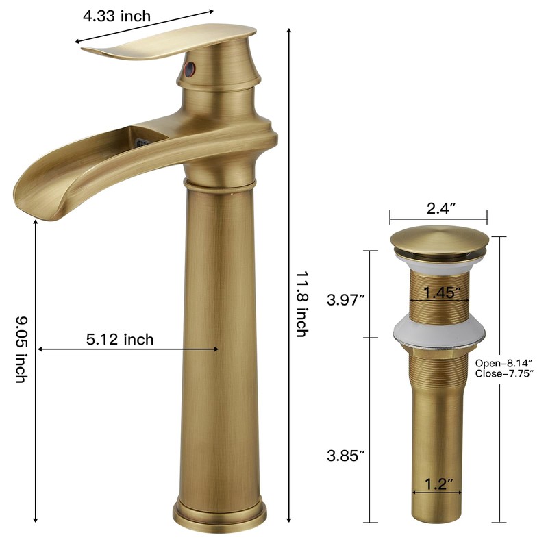 BWE Antique Brass Bathroom Vessel Sink Faucet Waterfall Spout Single