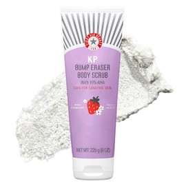 First Aid Beauty - KP Bump Eraser Body Scrub with 10% AHA, Keratosis Pilaris Exfoliator with Glycolic and Lactic acids, Helps Reduce Chicken Skin Bumps, Safe for Sensitive Skin, Strawberry Scent, 8 oz