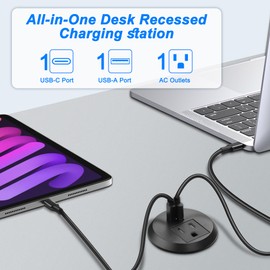 MEIRIYFA 2 inch Desk Power Grommet Socket with USB C,Recessed Power Outlet with with AC Plugs,1 USB,1 Type C 18W Fast Charge Ports and 6ft Extension Cord for Office Furniture Conference Kitchen Table