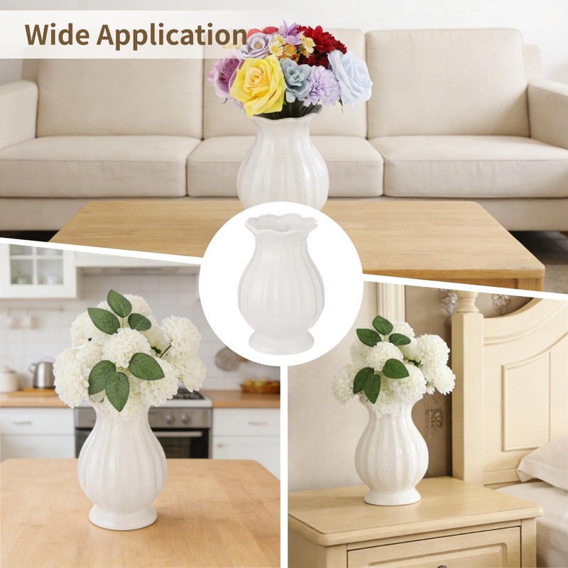 White Wavy Edge Ceramic Vase, Modern Ribbed Flower Vase for