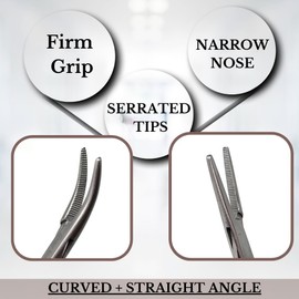 HTI Set of 2 Pcs Dog Cat Pet Hair Puller Remover Stainless Steel Hemostat Locking Forceps 5.5" Straight and Curved Full Serrated (Gold Handle)