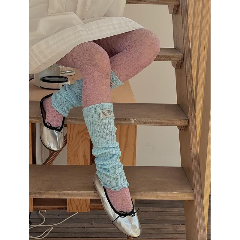 [Eukkis] 春夏薄手40cmコットンレッグウォーマー 足首保温 冷房対策 フリルハイソックス Y2Kリブニットルーズソックス 柔らか肌触り スカイブルー