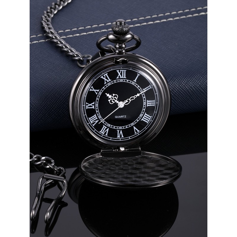 Quartz Pocket Watch for Men with Black Dial and Chain
