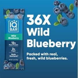 IQBAR Brain and Body Plant Protein Bars - Wild Blueberry - 36-Count Low Carb - Gluten Free, High Fiber, Vegan Snacks - Low Sugar Meal Replacement