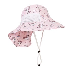 iNszkoos Kid Unicor-Print Large Brim Sun Hat with Neck Flap 3-10 Years Boys UV Protection Summer Hats with Chin Strap Breathable Beach Adventure Bucket Hat