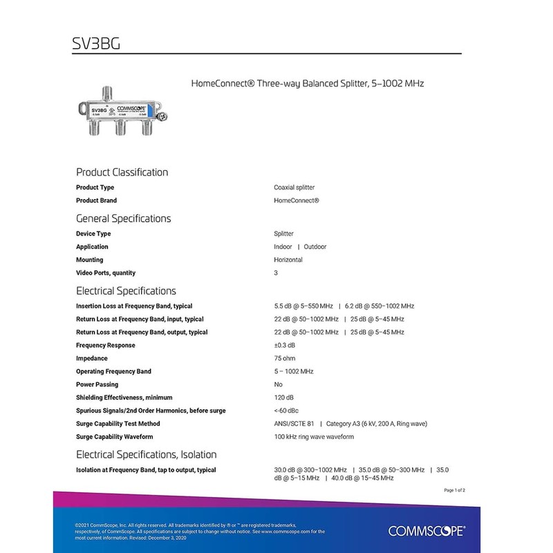 Commscope Sv-3bg 3-way Balanced Splitter, 5-1002 Mhz by Commscope