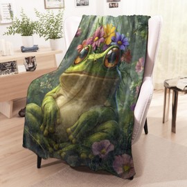 wyxdwh Cute Frog Blanket, Cozy Flannel Green Frogs in Colorful Floral Headpiece Throw Blanket for Couch Outdoor, Plush Soft Lightweight Travel Blankets for Bed Decor and Gifts, for Women Kids 50"x60"