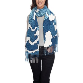 IBILIU Oversize Scarf for Women Japanese Abstract Blue And White Wave Japan Scarf Tassel Scarves Fall Winter Shawl Wraps