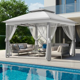 11x11FT Outdoor Gazebo, Heavy Duty Gazebo with Sturdy Metal Frame & Double Roofs, Patio Shelter with Mosquito Netting, Ideal for Backyard, Garden, Lawn, Deck, Light Grey