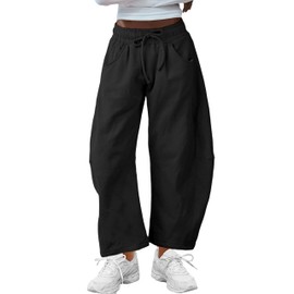 SeekMe Women's Barrel Leg Sweatpant Drawstring Elastic Waisted Wide Leg Pants Casual Cotton Palazzo Trousers with Pockets (0009-Black-S)