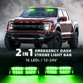 PKINGLAKE 2 in 1 LED Emergency Dash Strobe Light Bar Front/Rear Windshield Safety Flashing Warning Hazard Interior Lights for Police Firefighter Construction Vehicles Trucks (2x7.5 inch, Green)