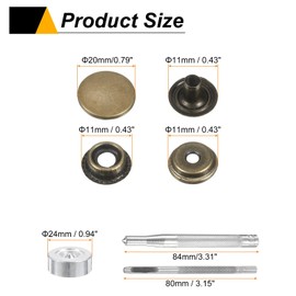 HARFINGTON 24Set Leather Snaps Fasteners Kit 20mm Dia Brass Press-Stud Cap Button 3.31" Length Metal Snap Buttons with 4 Install Tools for Coat Bag Leather Marine Boat Canvas, Bronze