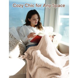 FIYARA Chunky Cotton Knit Throw Blanket, Light Weight Cable Knit Throws for Bed Couch Sofa, Comfy & Relaxing, Decorative Piece for Farmhouse Modern Rustic Scandinavian Chic Vibe, Cream 50x60 Inches