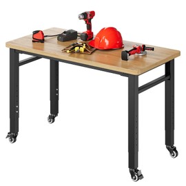 Yizosh 48" Adjustable Portable Workbench with Wheels, Rubber Wood Top, Heavy Duty 2000 LBS Load Capacity, Garage & Workshop Workbench with Storage
