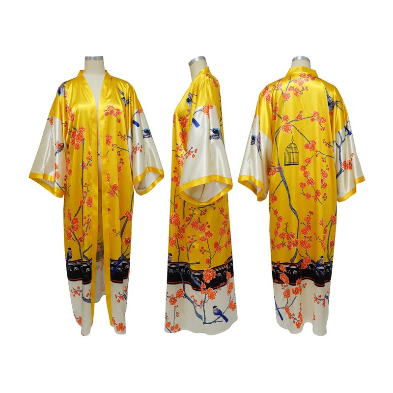 Famnbro Women's Floral Print Satin Robe Kimono Cardigan Open Front