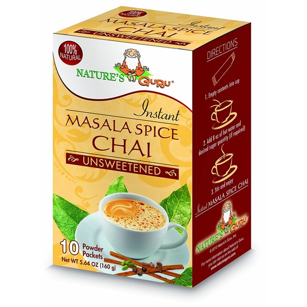 Nature's Guru Instant Masala Spice Chai Tea Drink Mix Unsweetened 10 Count Single Serve On-the-Go Drink Packets, 5.64 Ounce (Pack of 1) (MCU_FBA)