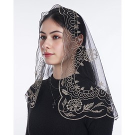 Bozidol Church Catholic Veils for Women, Black Gold D Shape Praying Hands With Cross Embroidered Lace Mantilla Chapel Veil, Latin Mass Head Coverings with Clips
