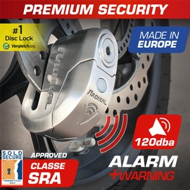RADIKAL RK14S Premium Motorcycle Alarm Disk Lock 120dB ON/Off, Warning LED Alert, SRA Approved, High Security Anti Theft Brake Disc Lock for Motorbike, 14mm Double Locking Stainless Steel