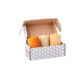 Beeswax Gifts 100% Beeswax Candles Set of 3 Colored Pillar Candles (Size 3.3 x 2.15 in) with Natural Honey Scent for Gift and Home Decor (Ivory, Orange and Peach, 3.3 x 2.15 in) Made in Ukraine