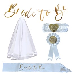 eBoutik - Large Bride to Be Party Set Bundle - White & Gold Sash, Veil, Bride to be Gold Photo Background Bunting, Leg Garter, Badge - Fun Novelty Hen Do Accessories for Hen Parties