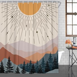 SAOLUIS Mid Century Shower Curtain, Abstract Moutain Shower Curtain Sets Boho Sunset Bathroom Curtain, Waterproof Boho Minimalist Bath Curtain Decor with 12 Hooks 69X70 Inch