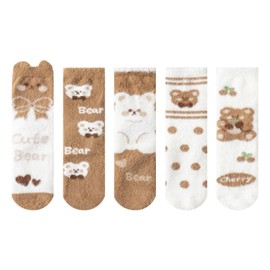 Gurajo Warm Fluffy Socks, Soft Winter Slipper Socks with Cute Bear Patterns Sleeping Plush Crew Socks Cozy Casual Socks for Women, 5 Pairs, Size 5-9