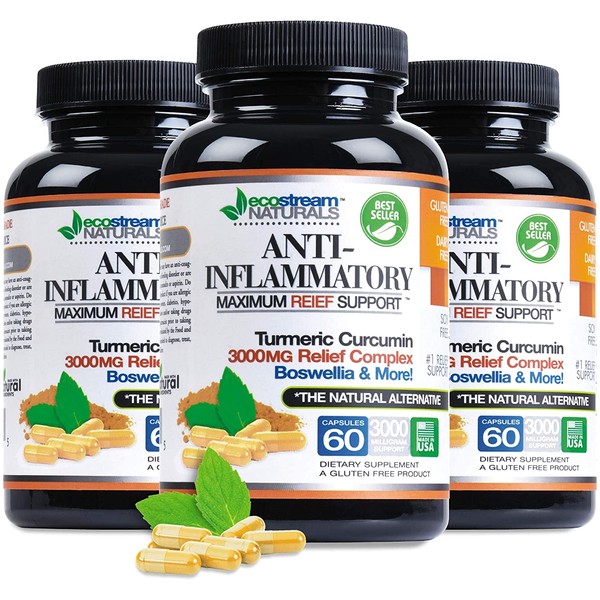 (Pack of 3) Advanced Natural Anti-Inflammatory Pain Support by Ecostream Naturals for Joints, Swelling and Stiffness with Turmeric, Curcumin, Enzymes and Boswellia - Vegetarian