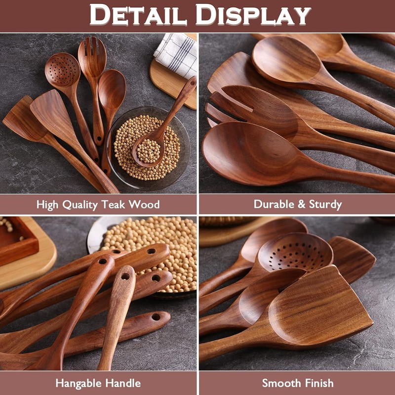 Wooden Spoon 6 Pcs, Cooking Utensils,Kitchen Utensils Natural Teak Wood