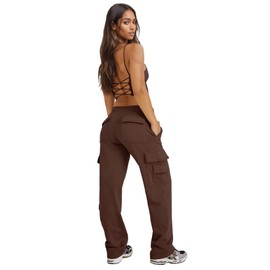 Waitfairy Womens Cargo Joggers Casual Baggy High Waisted Sweatpants Fleece Straight Leg Sweat Pants with Pocket Coffee S