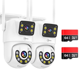 Dual Lens Linkage 8MP Pan/Tilt WiFi PTZ Security Camera Outdoor 2Pack, Auto Tracking, Human Detection, Light Alarm, Color Night Vision,Siren, Plug-in Cable,2.4G WiFi,SD Card Slot with TF64G Card