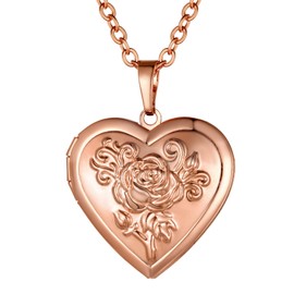 GOLDCHIC JEWELRY Copper/Stainless Steel Locket Chain Pattern Relief Women's Necklace Heart Pendant in Silver/Gold/Rose Gold with Desired Avur Pictures Amulet 20 Inches + 5 cm for Women, Copper