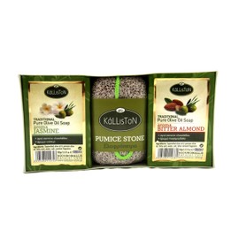 Kalliston, Olive Oil Soaps, Traditional Aromas of Jasmine & Bitter Almond with Pumice Stone, Gift Set, All Natural Soaps, Made in Ancient Crete, Greece, Spa Quality