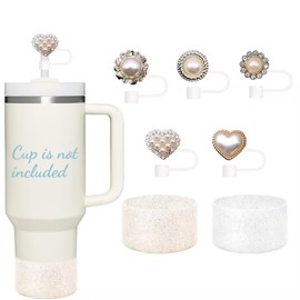 Seadiquiet 1pc 10mm Heart Pearl Straw Cover Lovely Drinking Straw Tips Cover Reusable Straw Protector Topper for 0.4in Straws Silicone Cup Accessories (E)